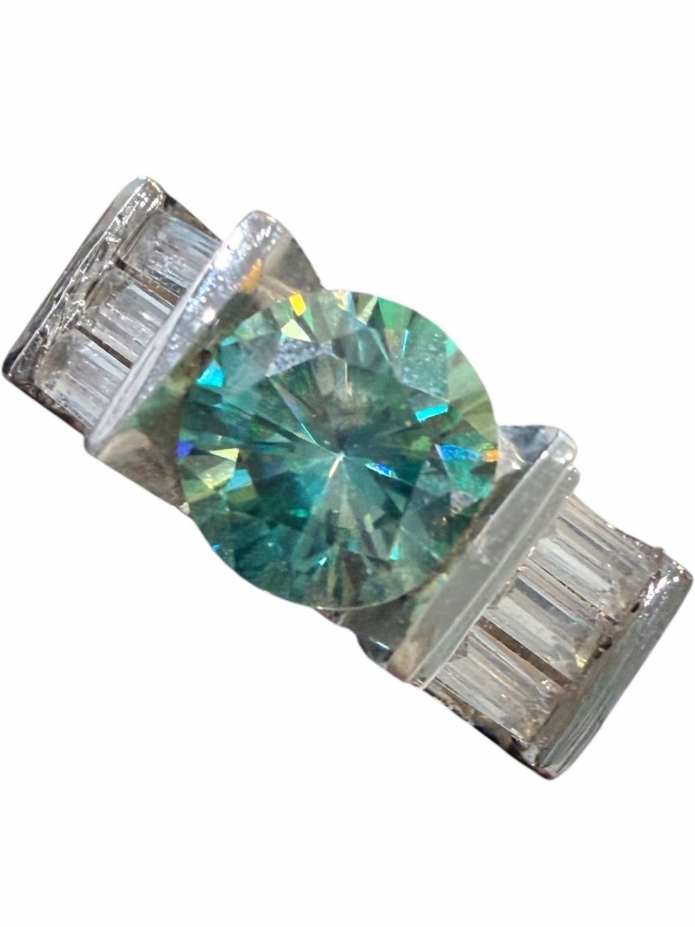 Sterling Silver Teal Moissanite Statement Ring Round Cut Baguette Accents Size 9